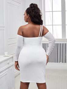 SHEIN SXY 大碼不對稱領鏤空緊身洋裝 - 白色 - 查看 2