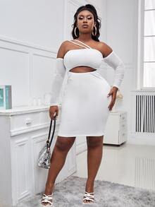 SHEIN SXY 大碼不對稱領鏤空緊身洋裝 - 白色 - 查看 3