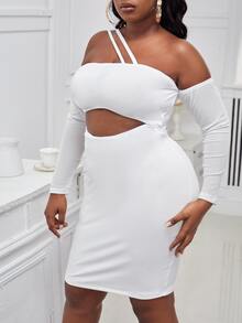 SHEIN SXY 大碼不對稱領鏤空緊身洋裝 - 白色 - 查看 4
