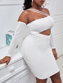 SHEIN SXY 大碼不對稱領鏤空緊身洋裝 - 白色 - 查看 5