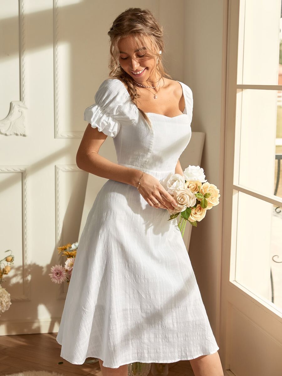 GENKIRA 泡泡袖後拉鏈連衣裙 - 白色 - 查看 1