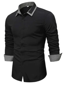 Manfinity Homme Men Contrast Houndstooth Trim Shirt - Black - View 1