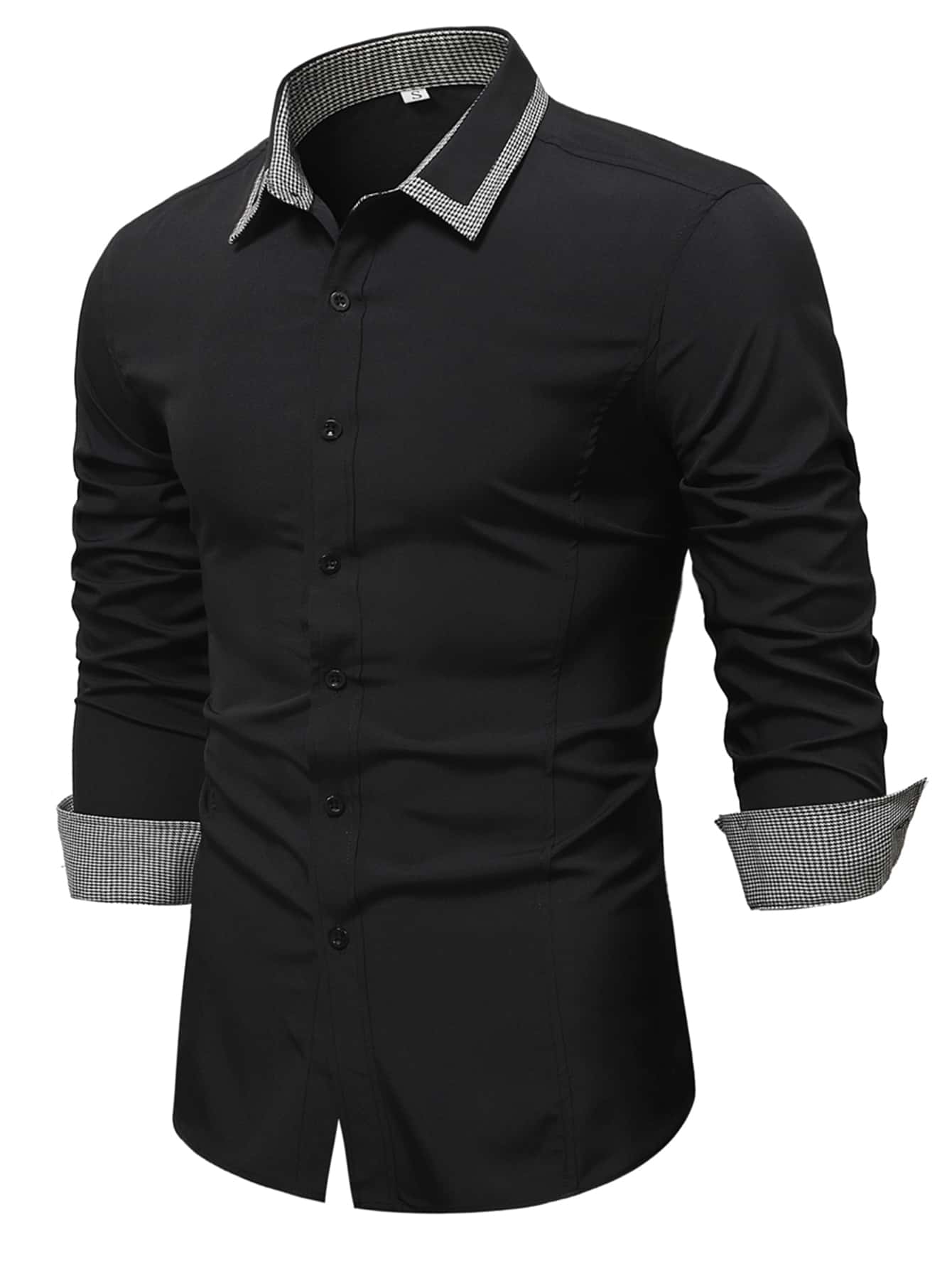 Manfinity Homme Men Contrast Houndstooth Trim Shirt - Black - View 1