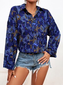 SHEIN Clasi Paisley Print Pocket Front Drop Shoulder Shirt - Multicolor - View 4