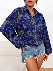 SHEIN Clasi Paisley Print Pocket Front Drop Shoulder Shirt - Multicolor - View 5