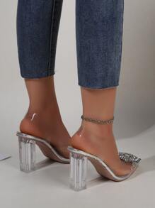 水鑽裝飾粗跟露跟高跟鞋 - 銀色 - 查看 2