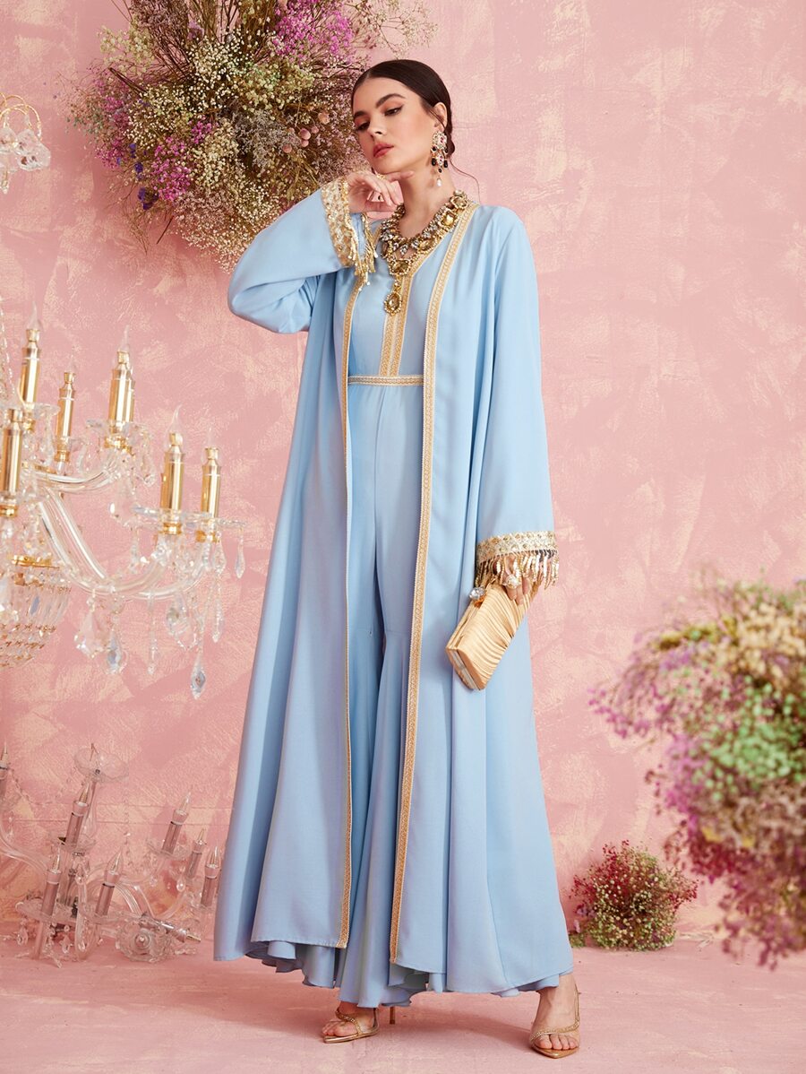 Al Najma Open Front Contrast Sequin Modest Long Sleeve Arabian Abaya - Baby Blue - View 1