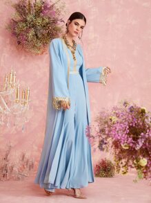 Al Najma Open Front Contrast Sequin Modest Long Sleeve Arabian Abaya - Baby Blue - View 4