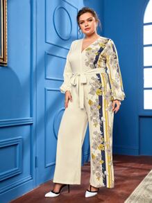 Modelyn Plus Floral Print Lantern Sleeve Belted Wide Leg Jumpsuit - Beige - View 3