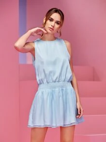 Audrey Ion Đầm Nút Dải chun Sọc Giải trí - Xanh và trắng - Xem 1