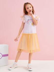 Dear JoJo 女孩雙色格子網紗拼接娃娃裙 - 彩色 - 查看 1