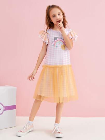 Dear JoJo 女孩雙色格子網紗拼接娃娃裙