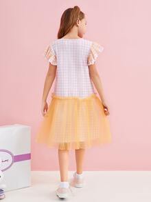 Dear JoJo 女孩雙色格子網紗拼接娃娃裙 - 彩色 - 查看 2