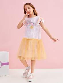 Dear JoJo 女孩雙色格子網紗拼接娃娃裙 - 彩色 - 查看 5