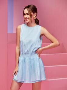 Audrey Ion Đầm Nút Dải chun Sọc Giải trí - Xanh và trắng - Xem 6