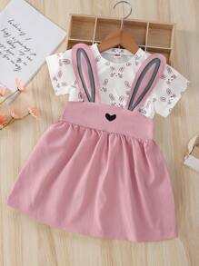 Niñitas con estampado de conejo Camiseta & con diseño de oreja 3D Falda pichi - Multicolor - Ver 1