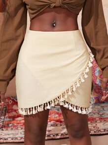 SHEIN SXY Fringe Trim Wrap Skirt - Beige - View 1