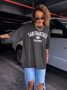 SHEIN Unity Letter Graphic Drop Shoulder Tee Graphic Tees Women Tops - Dark Grey - View 4