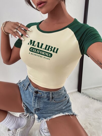 Farbblock Buchstaben Grafik Raglanärmel Crop Top Grafik T-Shirts Damen Oberteile