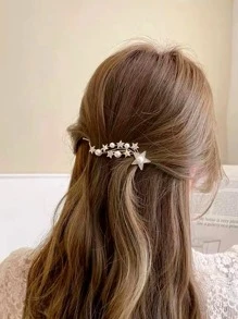 Kẹp tóc trang trí hình ngôi sao & ngọc trai cổ điển Barrette có kẹp kẹp & dây buộc tóc đuôi ngựa nửa đầu - Vàng - Xem 1