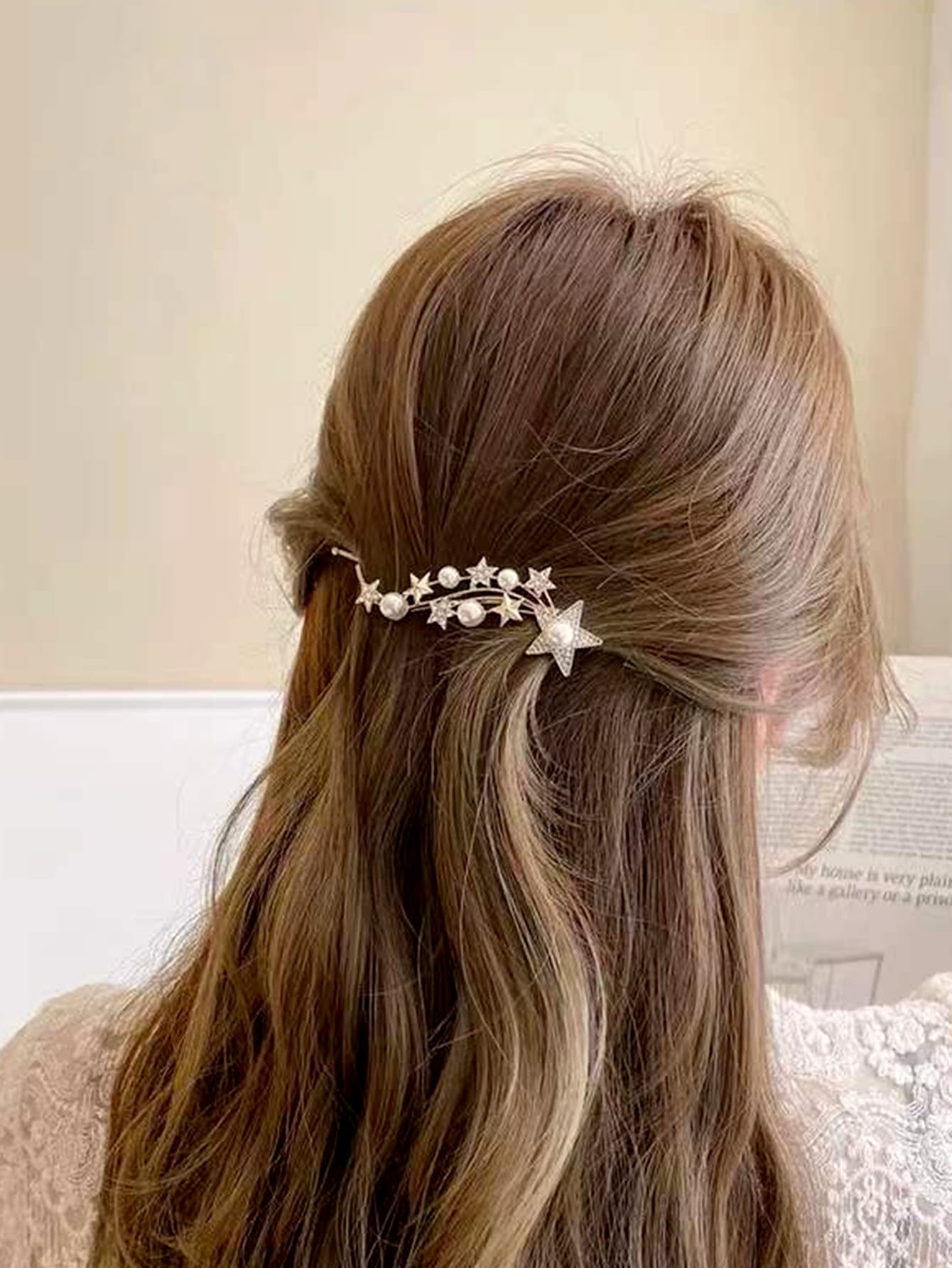 Kẹp tóc trang trí hình ngôi sao & ngọc trai cổ điển Barrette có kẹp kẹp & dây buộc tóc đuôi ngựa nửa đầu - Vàng - Xem 1