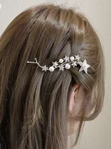 Kẹp tóc trang trí hình ngôi sao & ngọc trai cổ điển Barrette có kẹp kẹp & dây buộc tóc đuôi ngựa nửa đầu - Vàng - Xem 4