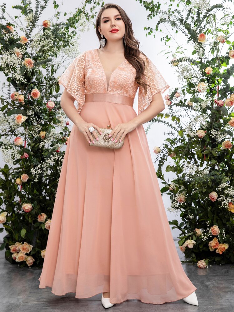 Plus Sequin Insert Contrast Embroidered Mesh Flutter Sleeve Chiffon Prom  Dress | SHEIN USA