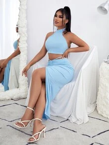 SHEIN SXY Bộ đồ hai mảnh nữ Lộ Lưng Buộc lại Tách cao màu trơn Gợi cảm - Màu xanh lam - Xem 5