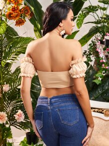 SHEIN SXY Top Corto Con Hombros Descubiertos, Manga Abullonada Y Detalles De Volantes - Caqui - Ver 2