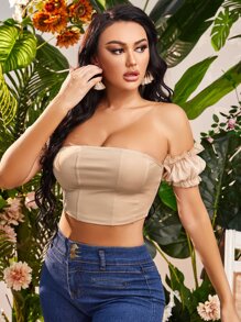 SHEIN SXY Top Corto Con Hombros Descubiertos, Manga Abullonada Y Detalles De Volantes - Caqui - Ver 4