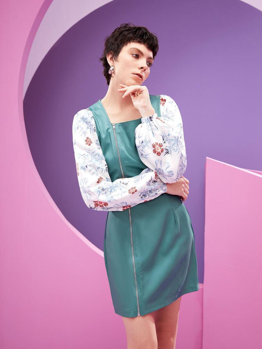 HANGMO XIE Đầm Dây kéo Hoa Hấp dẫn - Màu xanh Bạc hà - Xem 1