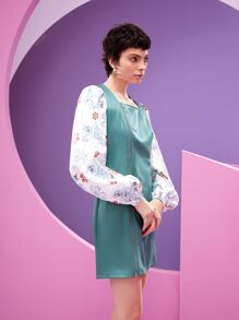 HANGMO XIE Đầm Dây kéo Hoa Hấp dẫn - Màu xanh Bạc hà - Xem 3