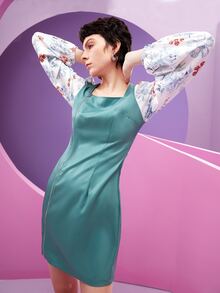 HANGMO XIE Đầm Dây kéo Hoa Hấp dẫn - Màu xanh Bạc hà - Xem 4