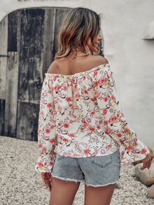 印花木耳邊一字肩前繫帶荷葉袖襯衫 - 彩色 - 查看 2