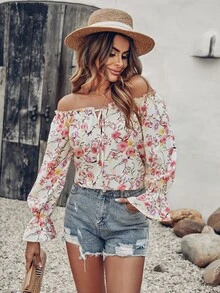 印花木耳邊一字肩前繫帶荷葉袖襯衫 - 彩色 - 查看 4