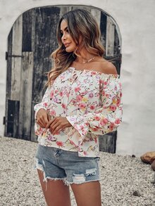 印花木耳邊一字肩前繫帶荷葉袖襯衫 - 彩色 - 查看 5