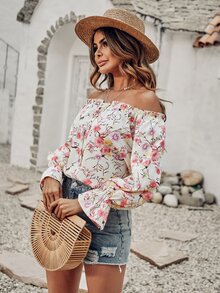 印花木耳邊一字肩前繫帶荷葉袖襯衫 - 彩色 - 查看 6