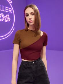 REVIVE 雙色鏤空短款T恤 - 彩色 - 查看 1