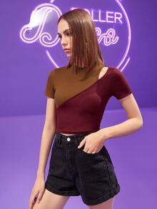 REVIVE 雙色鏤空短款T恤 - 彩色 - 查看 3