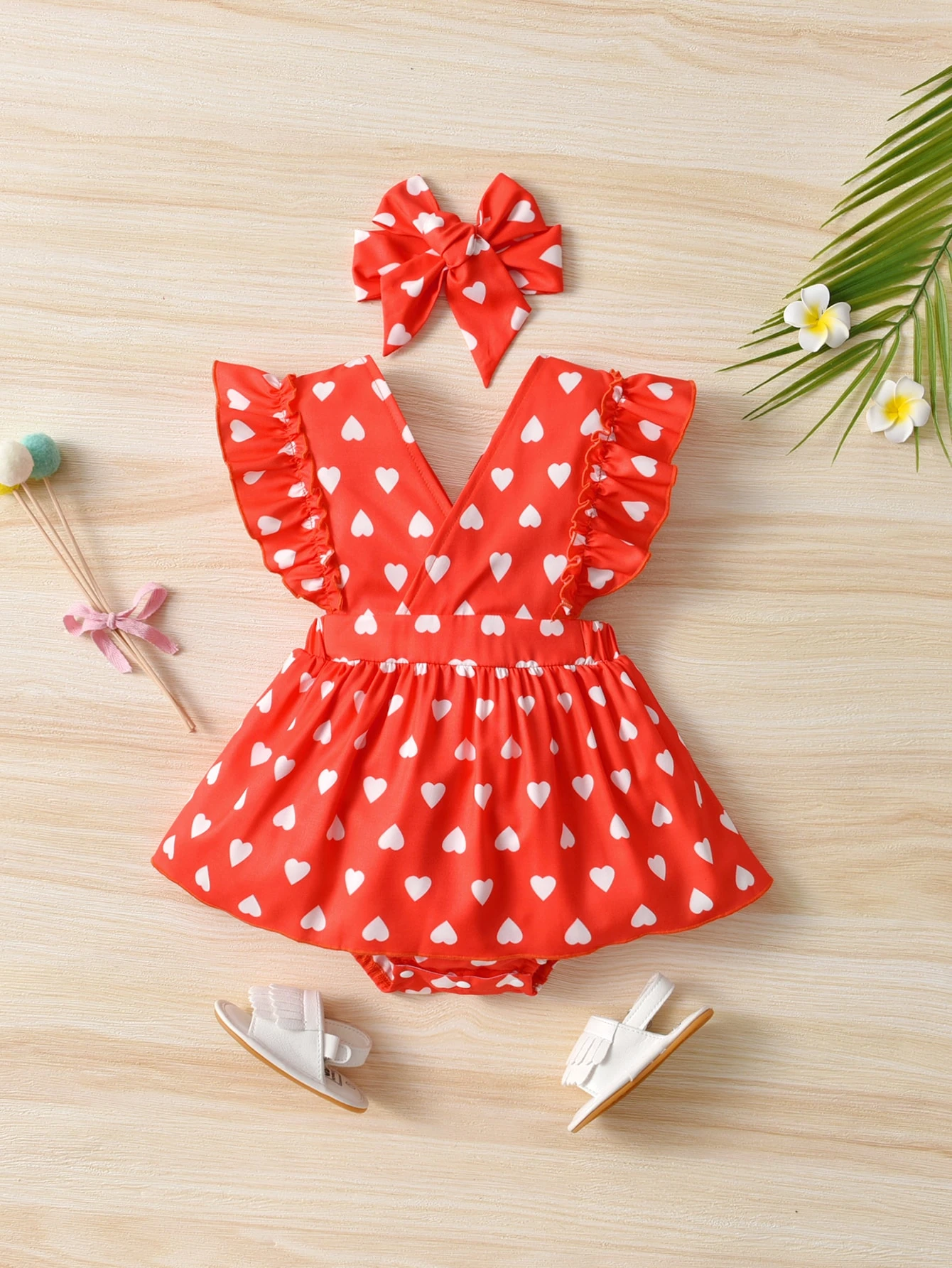 ベビー オールオーバーハートプリント ラッフルスリーブ つなぎワンピース ヘッドバンド付き
