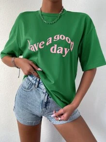 SHEIN Unity 标语图案落肩 T 恤祝您有个美好的一天 - 綠色 - 查看 1