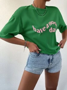 SHEIN Unity 标语图案落肩 T 恤祝您有个美好的一天 - 綠色 - 查看 3