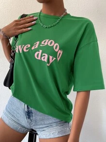 SHEIN Unity 标语图案落肩 T 恤祝您有个美好的一天 - 綠色 - 查看 6