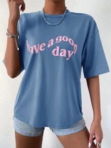 SHEIN LUNE Slogan Graphic Drop Shoulder Tee - Dusty Blue - View 1
