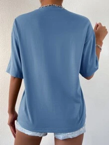 SHEIN LUNE Slogan Graphic Drop Shoulder Tee - Dusty Blue - View 2