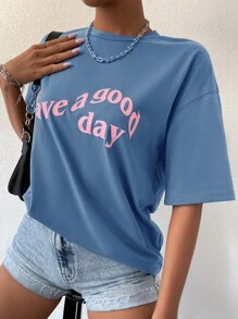 SHEIN LUNE Slogan Graphic Drop Shoulder Tee - Dusty Blue - View 3