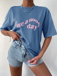 SHEIN LUNE Slogan Graphic Drop Shoulder Tee - Dusty Blue - View 4