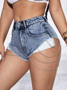 SHEIN SXY 鏈條細節毛邊牛仔短褲 - 中等水洗藍 - 查看 1