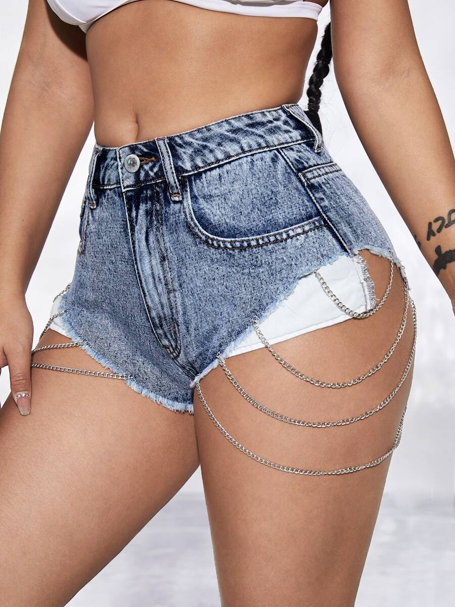 SHEIN SXY 鏈條細節毛邊牛仔短褲 - 中等水洗藍 - 查看 1