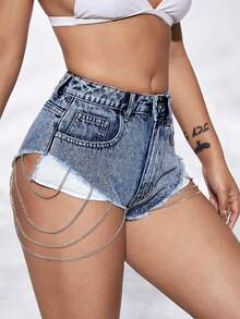 SHEIN SXY 鏈條細節毛邊牛仔短褲 - 中等水洗藍 - 查看 4